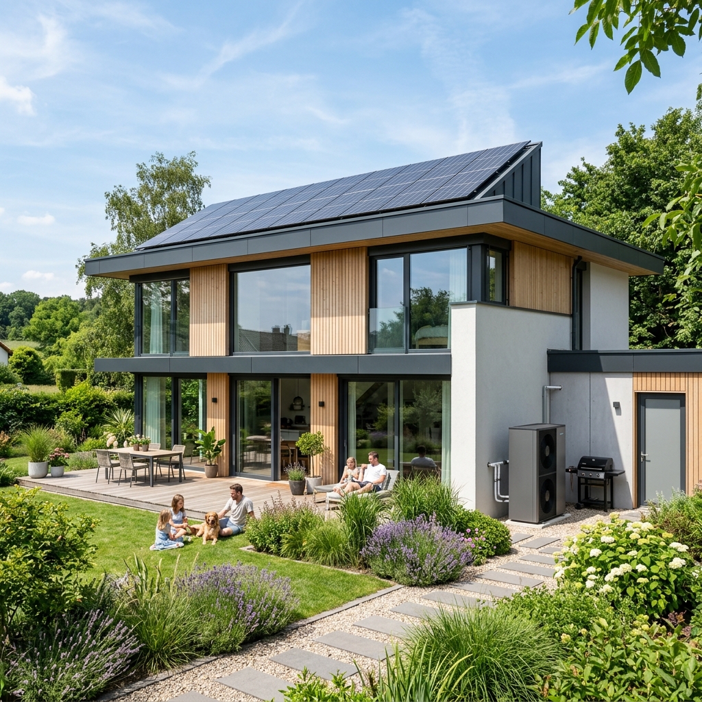 Haus mit PV-Anlage und Wärmepumpe